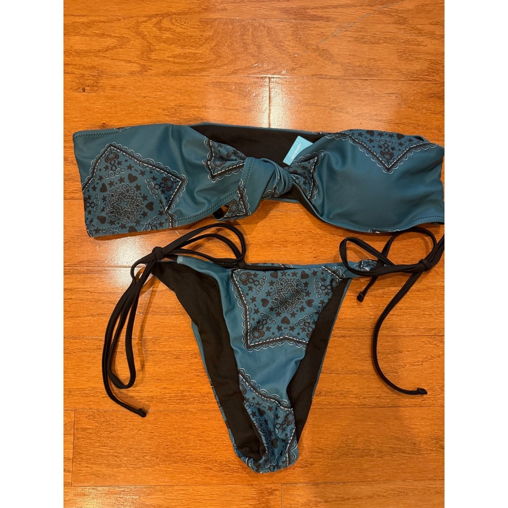 Cupshe Teal Blue Bandana Paisley Bikini Set Bandeau Side Tie Top Bottoms Size S